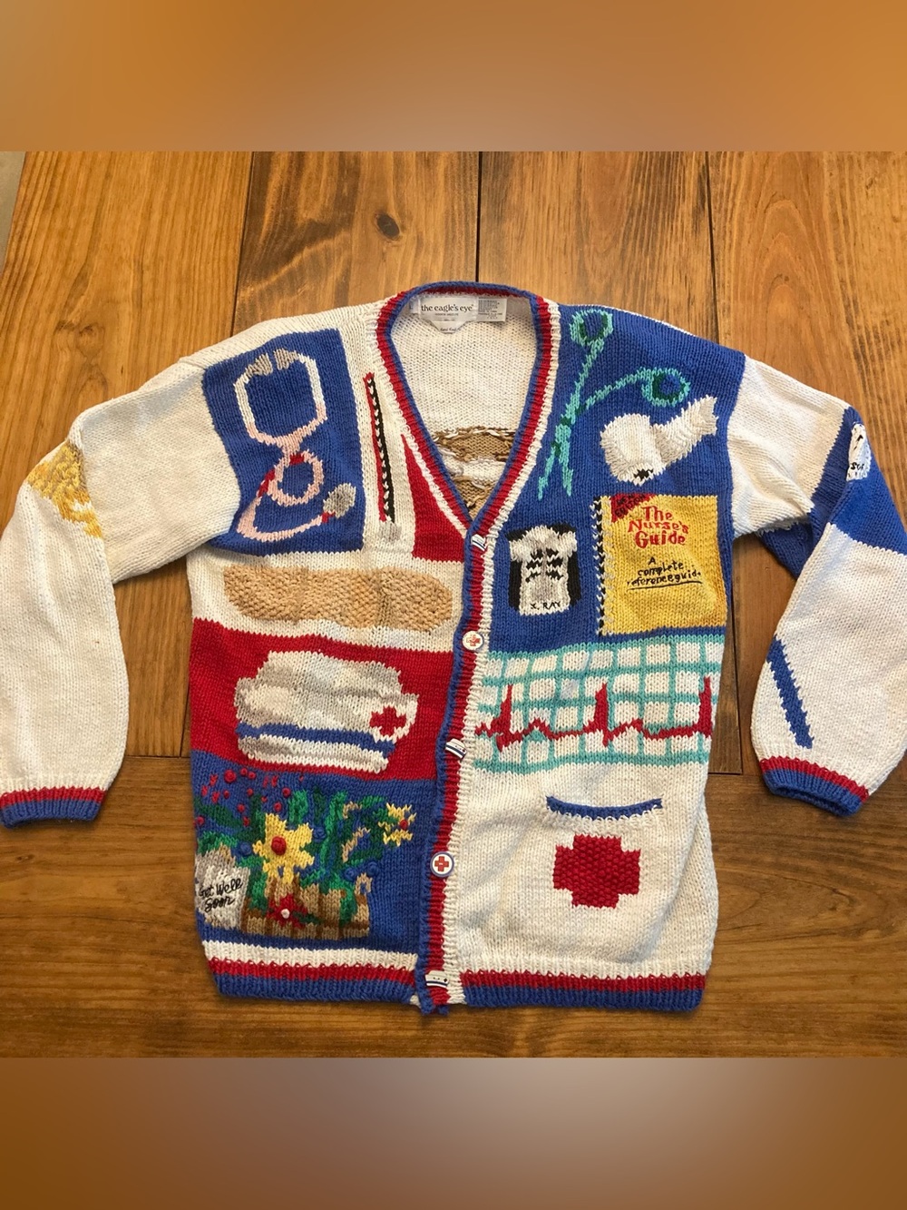 Vintage 1994 The Eagle's Eye Large Nurse Medical Hand Knit Sweater Cardigan